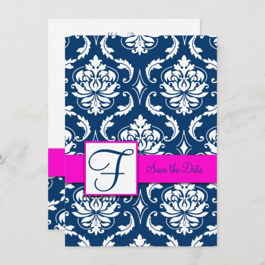 Fuchsia Blue Damask Save the Date Card (Voorkant / Achterkant)