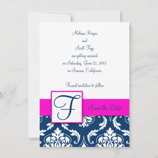 Fuchsia Blue Damask Save the Date Card (Achterkant)