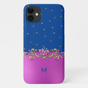 Fuchsia Blue en Gold Jeweled Monogrammed Case-Mate iPhone Case