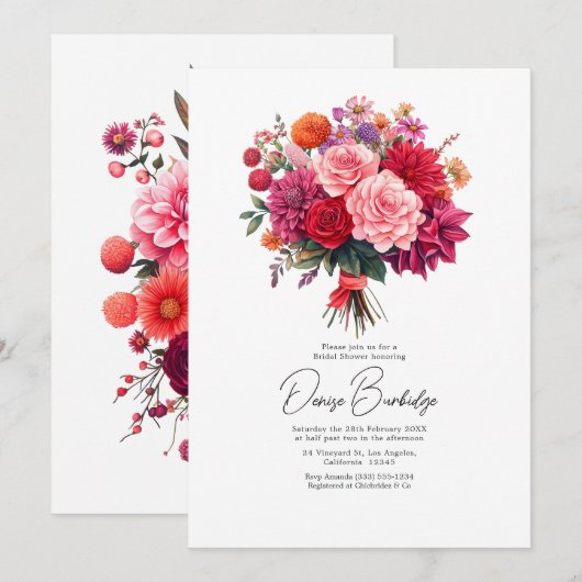 Fuchsia, Blush & Koraal Helder Bloem Bruidsfeest Kaart (Voorkant / Achterkant)