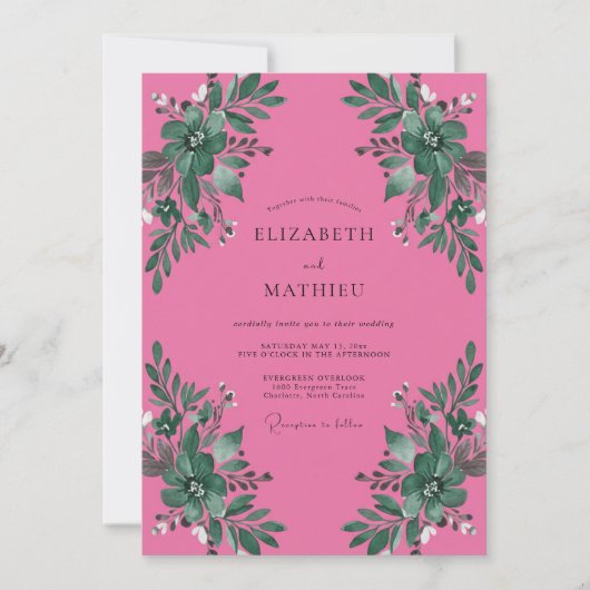 Fuchsia Botanische Aquarel Bruiloft Kaart (Voorkant)