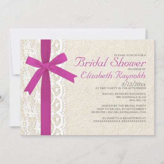 Fuchsia Bow & Lace Bridal Shower Invitations Kaart (Voorkant)