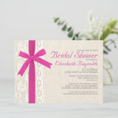 Fuchsia Bow & Lace Bridal Shower Invitations Kaart (Staand voorkant)