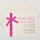 Fuchsia Bow & Lace Bridal Shower Invitations Kaart (Voorkant / Achterkant)