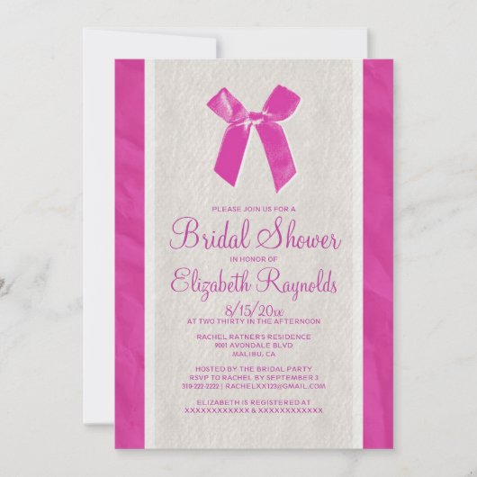 Fuchsia  Bow Linen Bridal Shower Kaart (Voorkant)