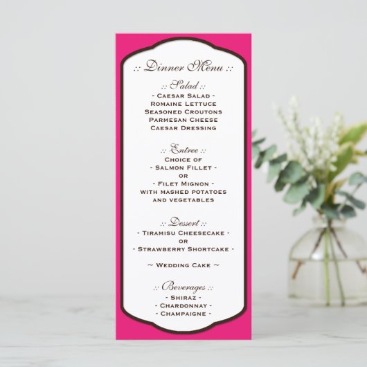 Fuchsia Bruin & Wit Huwelijk Receptie Menu's (Staand voorkant)