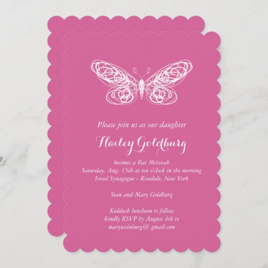 Fuchsia Butterfly bat Mitzvah Invitation Kaart (Voorkant / Achterkant)