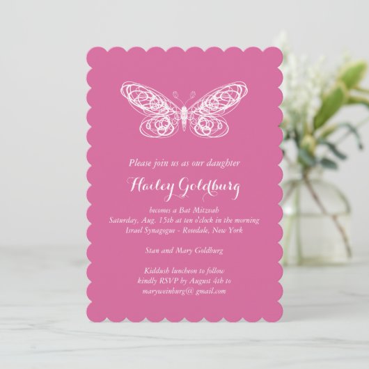 Fuchsia Butterfly bat Mitzvah Invitation Kaart (Staand voorkant)