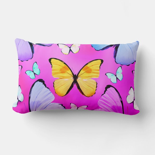 Fuchsia Butterfly Print Lumbar Sierkussen Kussen (Voorkant)