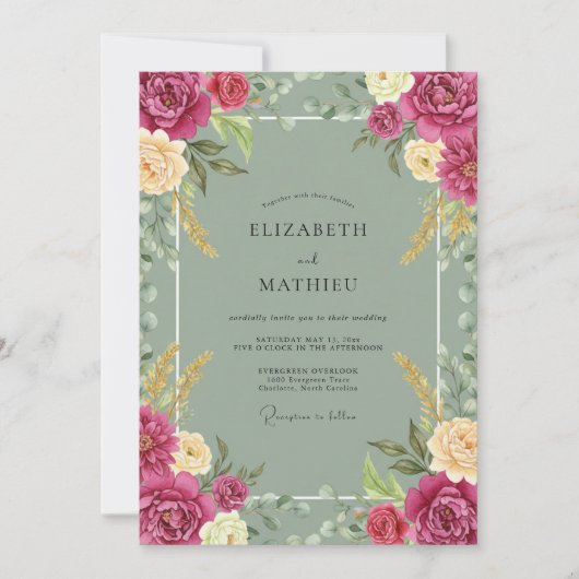 Fuchsia Celadon Ranunculus Eucalyptus Bruiloft Kaart (Voorkant)