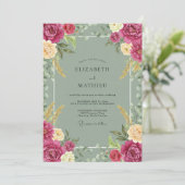 Fuchsia Celadon Ranunculus Eucalyptus Bruiloft Kaart (Staand voorkant)