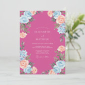 Fuchsia Cerulean Bloem Bruiloft Kaart (Staand voorkant)