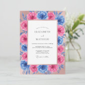 Fuchsia Cerulean Pioen Huwelijk Kaart (Staand voorkant)