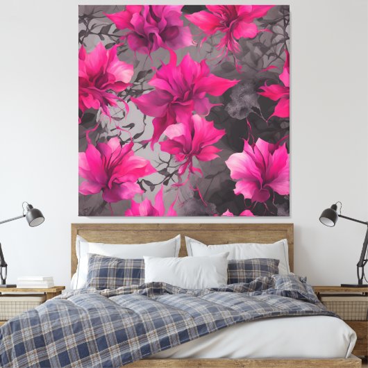 Fuchsia & Charcoal Veld AI-kunst Canvas Afdruk (Insitu (Slaapkamer))