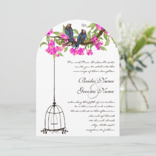 Fuchsia Cherry Blossom Tortelduifjes Birdcage Wedd Kaart