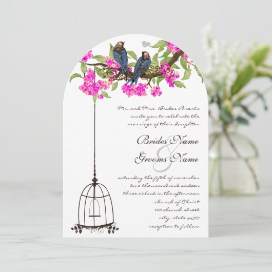Fuchsia Cherry Blossom Tortelduifjes Birdcage Wedd Kaart (Staand voorkant)