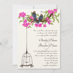 Fuchsia Cherry Blossom Tortelduifjes Birdcage Wedd Kaart