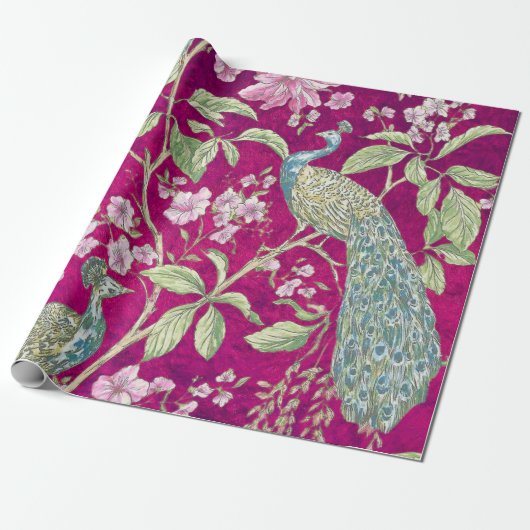 Fuchsia Chinoiserie pauw bloemendecoupage Cadeaupapier (Uitgerold)