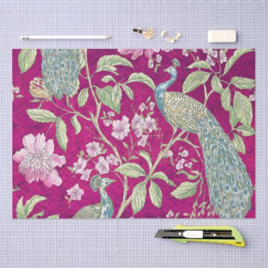 Fuchsia Chinoiserie pauw bloemendecoupage Tissuepapier (Craft)