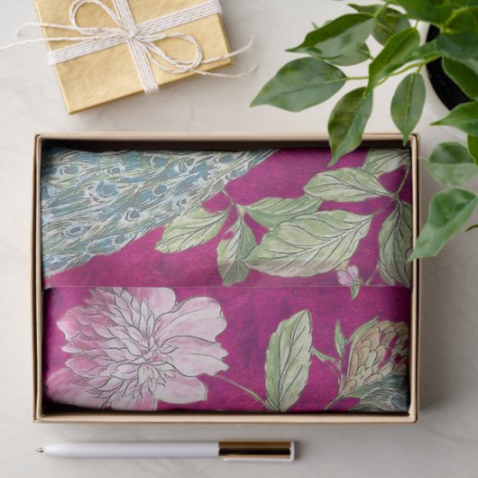 Fuchsia Chinoiserie pauw bloemendecoupage Tissuepapier (Geschenk)