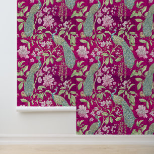 Fuchsia Chinoiserie pauw bloemschil en stok Behang