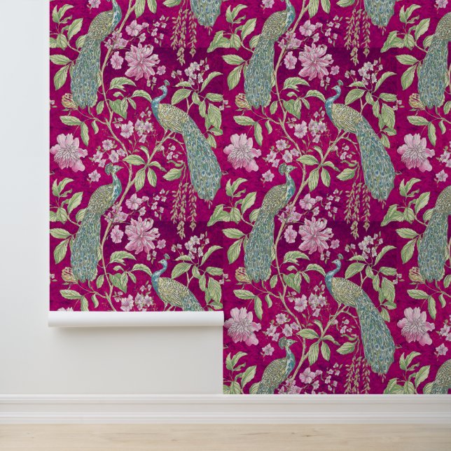 Fuchsia Chinoiserie pauw bloemschil en stok Behang (Applicatie)