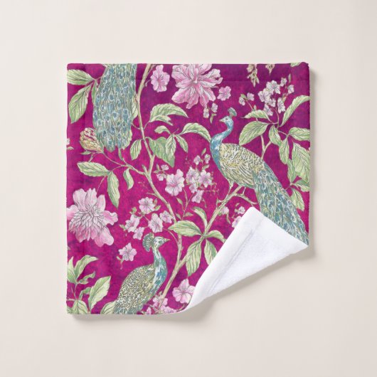 Fuchsia Chinoiserie pauwenbloem Bad Handdoek (Wasdoekje)