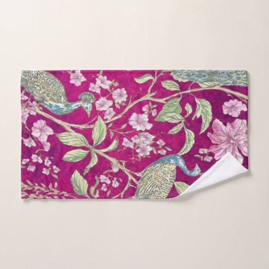 Fuchsia Chinoiserie pauwenbloem Bad Handdoek (Handdoek)