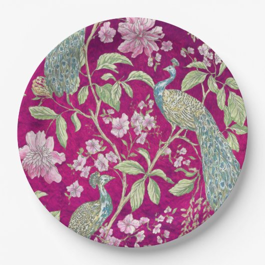 Fuchsia Chinoiserie pauwenbloem Papieren Bordje (Voorkant)