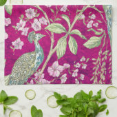 Fuchsia Chinoiserie pauwenbloem Theedoek (Gevouwen)