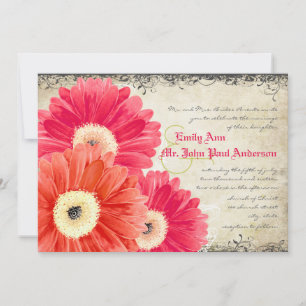 Fuchsia Coral Sinaasappel Gerber Daisy Wedding Inv Kaart