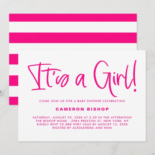 Fuchsia Cute Calligraphy Het is een meisje Baby sh Kaart (Voorkant / Achterkant)