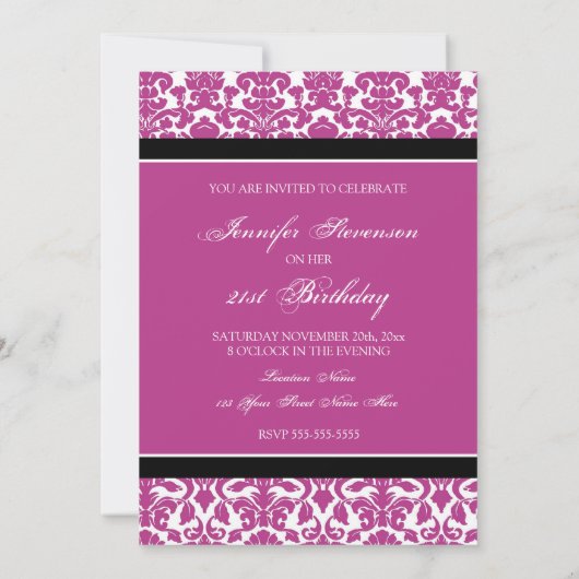 Fuchsia Damask 21e Birthday Party Kaart (Achterkant)
