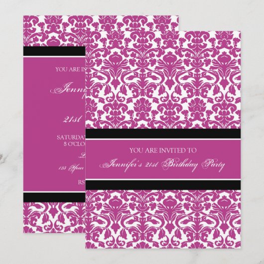 Fuchsia Damask 21e Birthday Party Kaart (Voorkant / Achterkant)