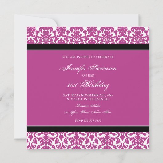 Fuchsia Damask 21e Birthday Party Kaart (Achterkant)