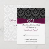 Fuchsia damask FAUX ribbon diamante Weddenschap RSVP Kaartje (Voorkant / Achterkant)