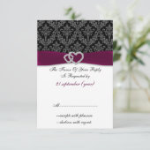 Fuchsia damask FAUX ribbon diamante Weddenschap RSVP Kaartje (Staand voorkant)