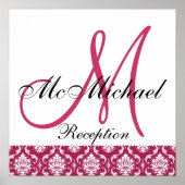 Fuchsia Damask Monogram Weddenschappen Ontvangteke Poster (Voorkant)