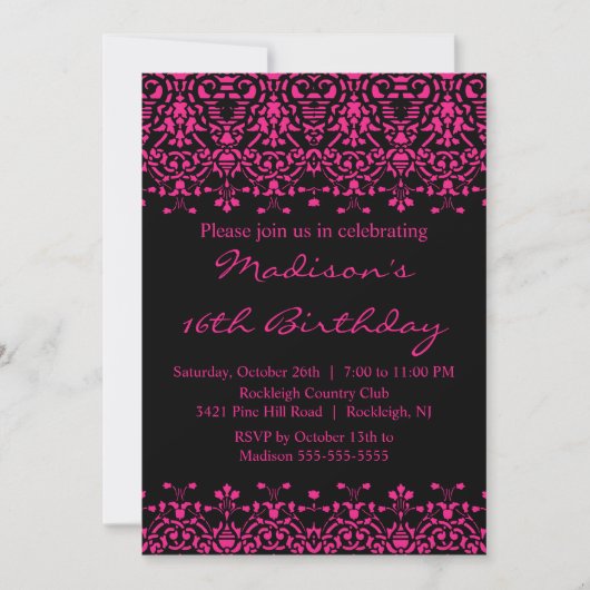 Fuchsia Damask Sweet Sixteen Birthday Uitnodiging (Voorkant)