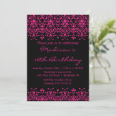 Fuchsia Damask Sweet Sixteen Birthday Uitnodiging (Staand voorkant)
