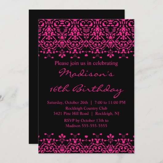 Fuchsia Damask Sweet Sixteen Birthday Uitnodiging (Voorkant / Achterkant)