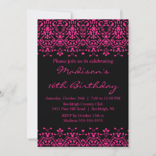 Fuchsia Damask Sweet Sixteen Birthday Uitnodiging