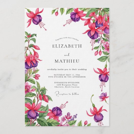 Fuchsia Draping Bloemige Bruiloft Kaart (Voorkant)