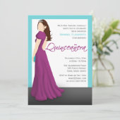 Fuchsia Dress Tiara Turquoise Quinceañera Kaart (Staand voorkant)