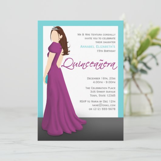 Fuchsia Dress Tiara Turquoise Quinceañera Kaart (Staand voorkant)