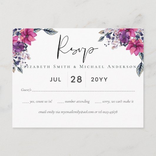 Fuchsia Droom RSVP-ansichtkaart met menukaarten Briefkaart (Voorkant)