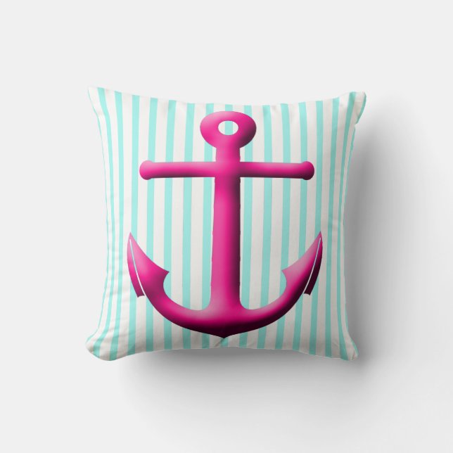 Fuchsia en Aqua Anchor en Stripes Kussen (Voorkant)