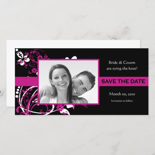 Fuchsia en Black Floral Bewaar de datumfotokaarten Save The Date (Voorkant / Achterkant)