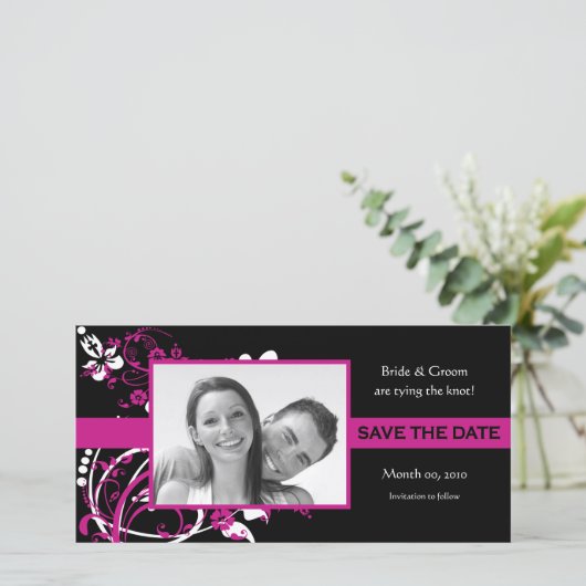 Fuchsia en Black Floral Bewaar de datumfotokaarten Save The Date (Staand voorkant)