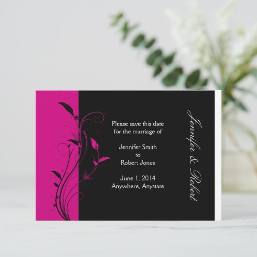 Fuchsia en Black Wedding Save the Date (Staand voorkant)
